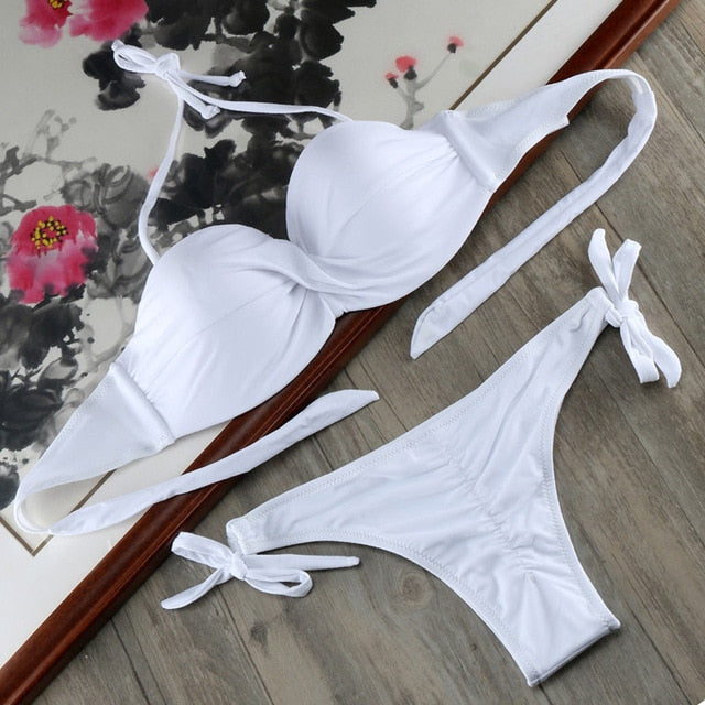 Bikini Solid Strappy Bandage Bikinis Set White
